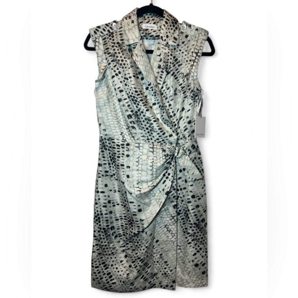Calvin Klein Women 4 Animal Print Sheath Wrap Sleeveless Epaulet Asymmetric Dres